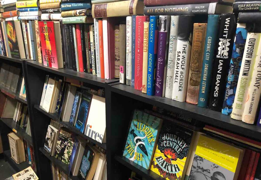 shelves in a second hand bookshop
